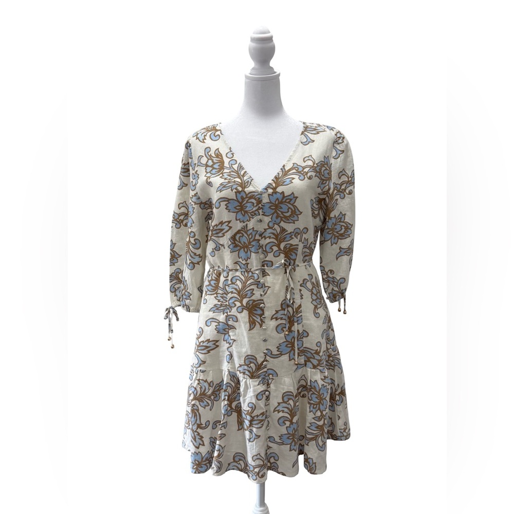 NWT Joie Floral Linen Mini Dress Blue Ivory Tie Sleeve Size 6 Vintage Inspired - Picture 2 of 9